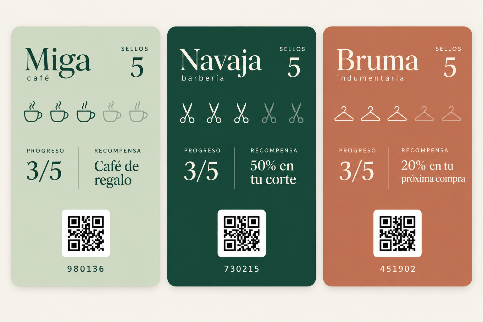 Ejemplos de tarjetas de Miga Café, Navaja Barbería y Bruma Indumentaria con sellos de café, tijeras y perchas